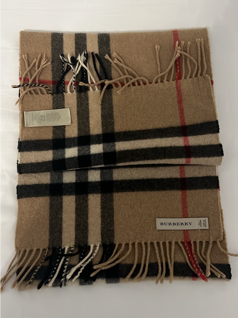 Burberry Tan Check Cashmere Scarf With Black And Red Accents